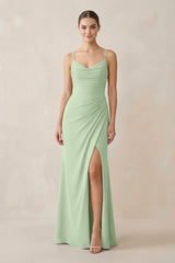 Ruched Sheath Spaghetti Strap Chiffon Bridesmaid Dress in Sage - KissProm Bridesmaid Dresses