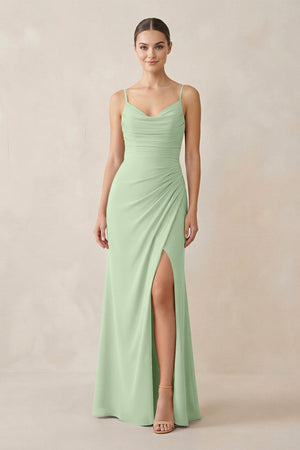 Ruched Sheath Spaghetti Strap Chiffon Bridesmaid Dress in Sage - KissProm Bridesmaid Dresses