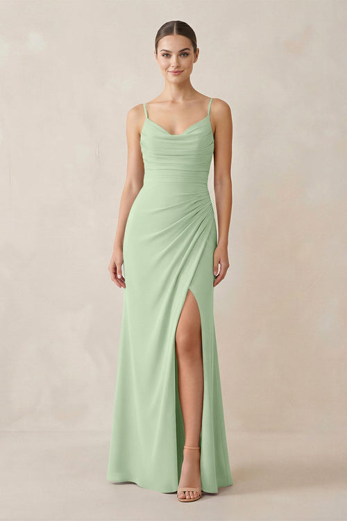 Ruched Sheath Spaghetti Strap Chiffon Bridesmaid Dress in Sage - KissProm Bridesmaid Dresses