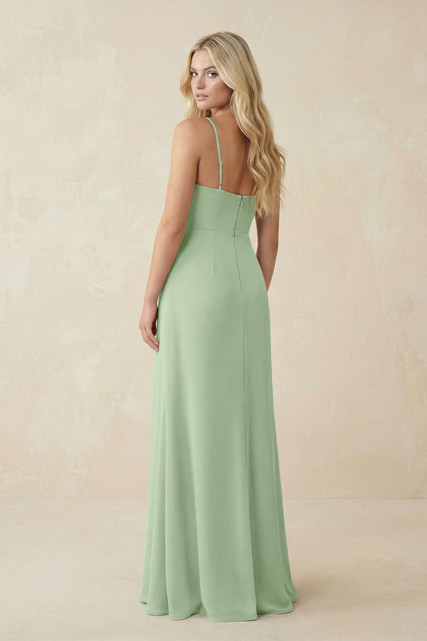 Ruched Sheath Spaghetti Strap Chiffon Bridesmaid Dress in Sage - KissProm BRIDESMAID DRESSES