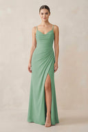 Ruched Sheath Spaghetti Strap Chiffon Bridesmaid Dress in Sea Glass - KissProm Bridesmaid Dresses