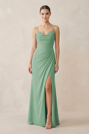 Ruched Sheath Spaghetti Strap Chiffon Bridesmaid Dress in Sea Glass - KissProm Bridesmaid Dresses