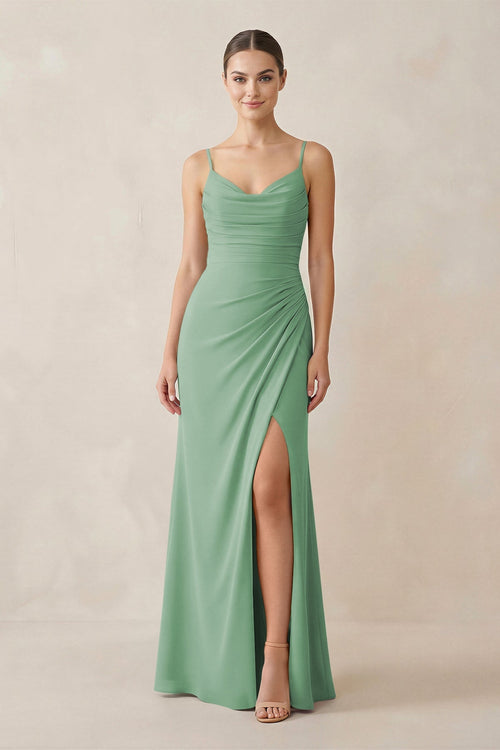 Ruched Sheath Spaghetti Strap Chiffon Bridesmaid Dress in Sea Glass - KissProm Bridesmaid Dresses