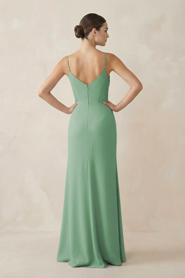 Ruched Sheath Spaghetti Strap Chiffon Bridesmaid Dress in Sea Glass - KissProm Bridesmaid Dresses