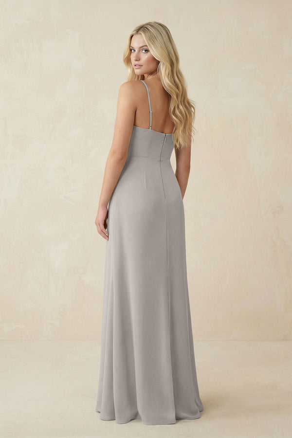 Ruched Sheath Spaghetti Strap Chiffon Bridesmaid Dress in Silver - KissProm BRIDESMAID DRESSES