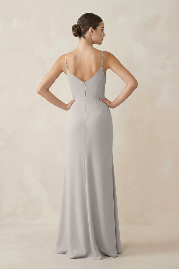 Ruched Sheath Spaghetti Strap Chiffon Bridesmaid Dress in Silver - KissProm Bridesmaid Dresses