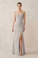 Ruched Sheath Spaghetti Strap Chiffon Bridesmaid Dress in Silver - KissProm Bridesmaid Dresses