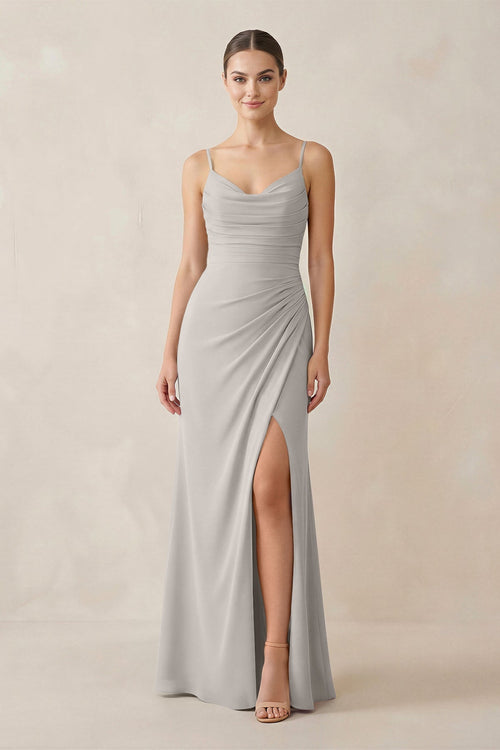 Ruched Sheath Spaghetti Strap Chiffon Bridesmaid Dress in Silver - KissProm Bridesmaid Dresses
