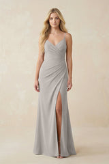 Ruched Sheath Spaghetti Strap Chiffon Bridesmaid Dress in Silver - KissProm BRIDESMAID DRESSES