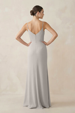 Ruched Sheath Spaghetti Strap Chiffon Bridesmaid Dress in Silver - KissProm Bridesmaid Dresses