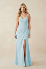 Ruched Sheath Spaghetti Strap Chiffon Bridesmaid Dress in Sky Blue - KissProm BRIDESMAID DRESSES
