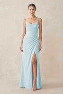 Ruched Sheath Spaghetti Strap Chiffon Bridesmaid Dress in Sky Blue - KissProm Bridesmaid Dresses