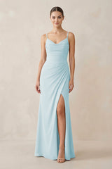 Ruched Sheath Spaghetti Strap Chiffon Bridesmaid Dress in Sky Blue - KissProm Bridesmaid Dresses