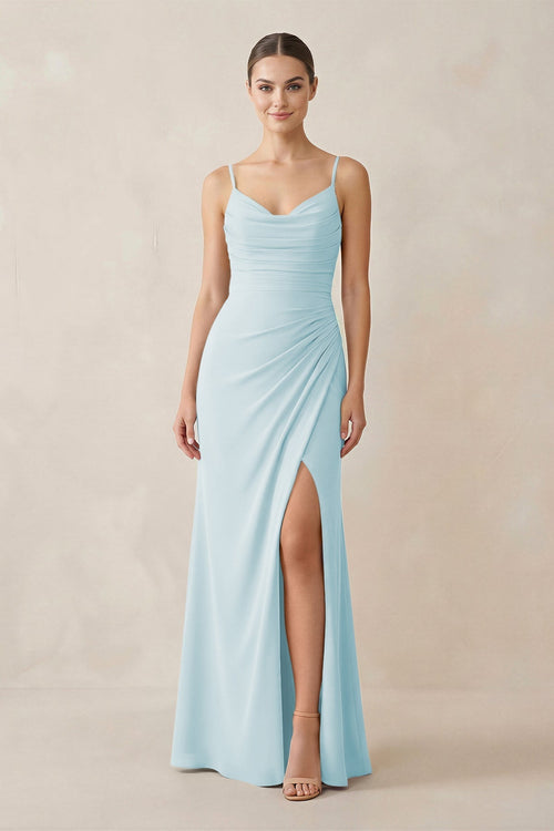 Ruched Sheath Spaghetti Strap Chiffon Bridesmaid Dress in Sky Blue - KissProm Bridesmaid Dresses