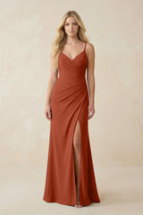 Ruched Sheath Spaghetti Strap Chiffon Bridesmaid Dress in Spice - KissProm BRIDESMAID DRESSES