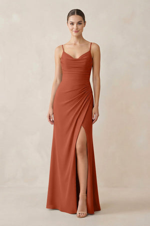Ruched Sheath Spaghetti Strap Chiffon Bridesmaid Dress in Spice - KissProm Bridesmaid Dresses
