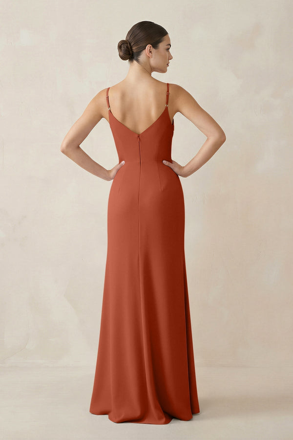 Ruched Sheath Spaghetti Strap Chiffon Bridesmaid Dress in Spice - KissProm Bridesmaid Dresses