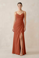 Ruched Sheath Spaghetti Strap Chiffon Bridesmaid Dress in Spice - KissProm Bridesmaid Dresses