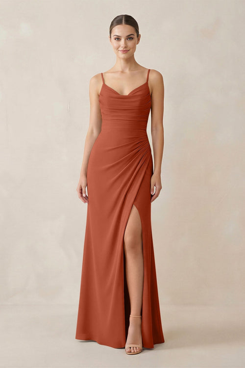 Ruched Sheath Spaghetti Strap Chiffon Bridesmaid Dress in Spice - KissProm Bridesmaid Dresses