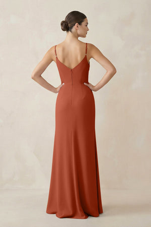 Ruched Sheath Spaghetti Strap Chiffon Bridesmaid Dress in Spice - KissProm Bridesmaid Dresses
