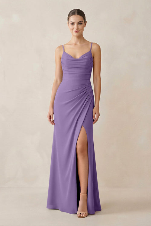 Ruched Sheath Spaghetti Strap Chiffon Bridesmaid Dress in Tahiti - KissProm Bridesmaid Dresses