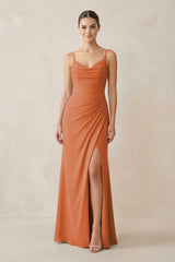Ruched Sheath Spaghetti Strap Chiffon Bridesmaid Dress in Terracotta - KissProm Bridesmaid Dresses