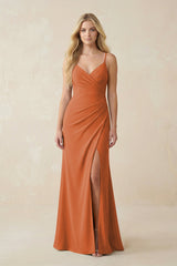 Ruched Sheath Spaghetti Strap Chiffon Bridesmaid Dress in Terracotta - KissProm BRIDESMAID DRESSES