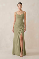 Ruched Sheath Spaghetti Strap Chiffon Bridesmaid Dress in Thyme - KissProm Bridesmaid Dresses