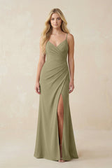 Ruched Sheath Spaghetti Strap Chiffon Bridesmaid Dress in Thyme - KissProm BRIDESMAID DRESSES