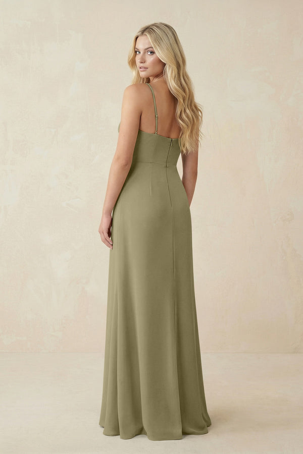 Ruched Sheath Spaghetti Strap Chiffon Bridesmaid Dress in Thyme - KissProm BRIDESMAID DRESSES