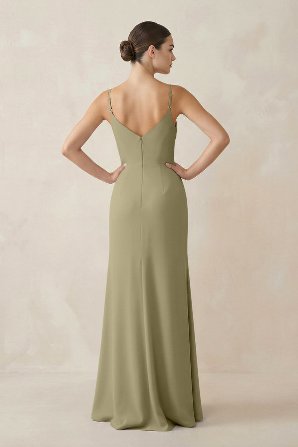 Ruched Sheath Spaghetti Strap Chiffon Bridesmaid Dress in Thyme - KissProm Bridesmaid Dresses