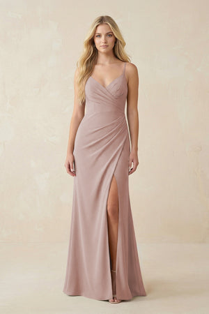 Ruched Sheath Spaghetti Strap Chiffon Bridesmaid Dress in Toffee - KissProm BRIDESMAID DRESSES