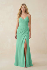 Ruched Sheath Spaghetti Strap Chiffon Bridesmaid Dress in Turquoise - KissProm BRIDESMAID DRESSES