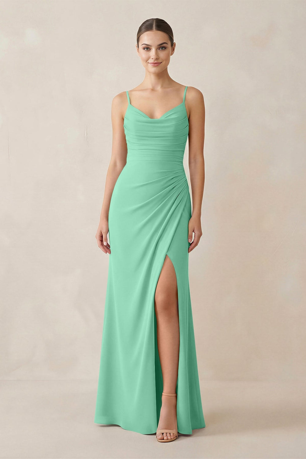 Ruched Sheath Spaghetti Strap Chiffon Bridesmaid Dress in Turquoise - KissProm Bridesmaid Dresses