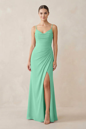 Ruched Sheath Spaghetti Strap Chiffon Bridesmaid Dress in Turquoise - KissProm Bridesmaid Dresses