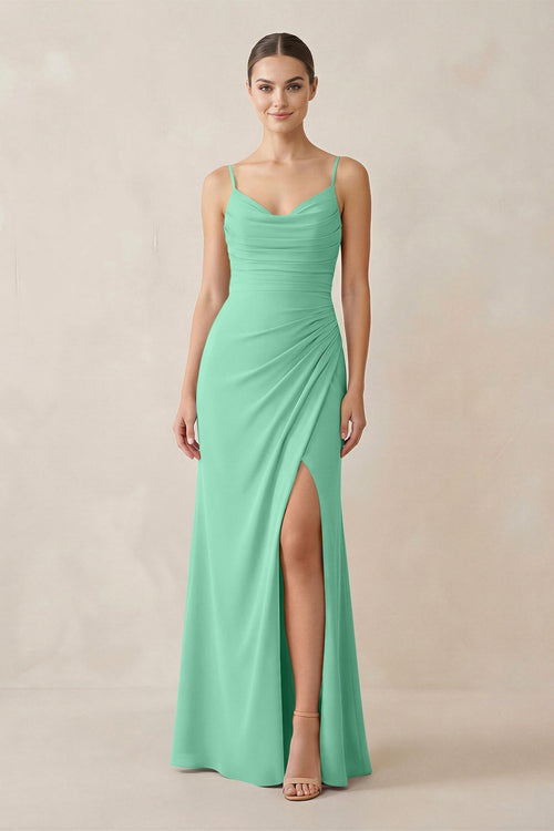 Ruched Sheath Spaghetti Strap Chiffon Bridesmaid Dress in Turquoise - KissProm Bridesmaid Dresses