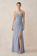 Ruched Sheath Spaghetti Strap Chiffon Bridesmaid Dress in Twilight - KissProm Bridesmaid Dresses