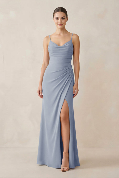 Ruched Sheath Spaghetti Strap Chiffon Bridesmaid Dress in Twilight - KissProm Bridesmaid Dresses
