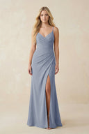 Ruched Sheath Spaghetti Strap Chiffon Bridesmaid Dress in Twilight - KissProm BRIDESMAID DRESSES