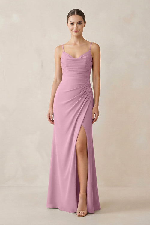 Ruched Sheath Spaghetti Strap Chiffon Bridesmaid Dress in Vintage Mauve - KissProm Bridesmaid Dresses