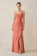 Ruched Sheath Spaghetti Strap Chiffon Bridesmaid Dress in Wild Rose - KissProm Bridesmaid Dresses