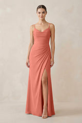 Ruched Sheath Spaghetti Strap Chiffon Bridesmaid Dress in Wild Rose - KissProm Bridesmaid Dresses