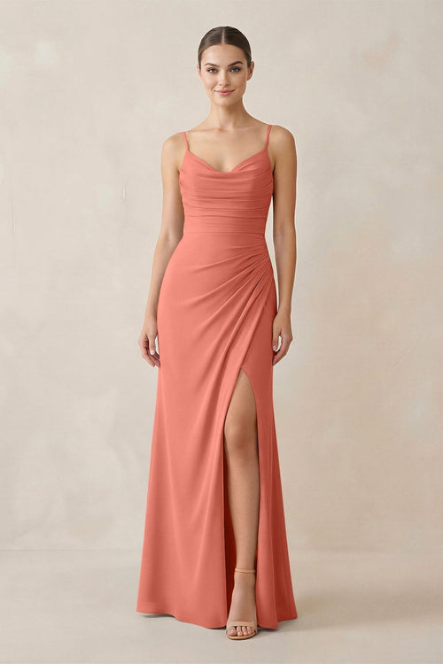 Ruched Sheath Spaghetti Strap Chiffon Bridesmaid Dress in Wild Rose - KissProm Bridesmaid Dresses