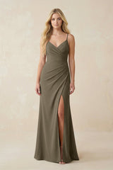 Ruched Sheath Spaghetti Strap Chiffon Bridesmaid Dress in Willow Green - KissProm BRIDESMAID DRESSES