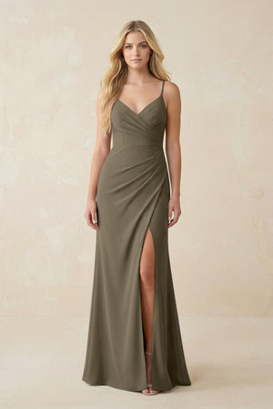 Ruched Sheath Spaghetti Strap Chiffon Bridesmaid Dress in Willow Green - KissProm BRIDESMAID DRESSES