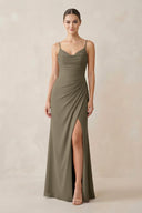 Ruched Sheath Spaghetti Strap Chiffon Bridesmaid Dress in Willow Green - KissProm Bridesmaid Dresses