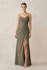 Ruched Sheath Spaghetti Strap Chiffon Bridesmaid Dress in Willow Green - KissProm Bridesmaid Dresses