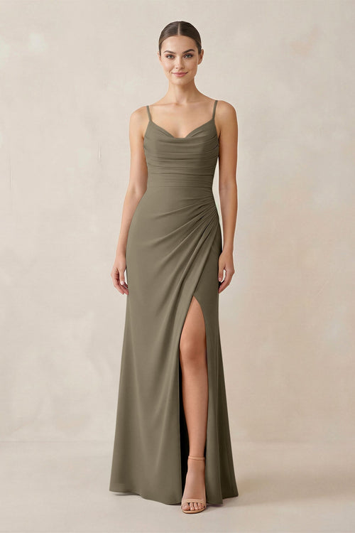 Ruched Sheath Spaghetti Strap Chiffon Bridesmaid Dress in Willow Green - KissProm Bridesmaid Dresses