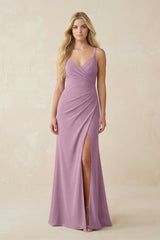 Ruched Sheath Spaghetti Strap Chiffon Bridesmaid Dress in Wisteria - KissProm BRIDESMAID DRESSES