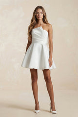 Ruched Strapless A - Line Satin Mini Wedding Dress in White - KissProm Wedding Dresses
